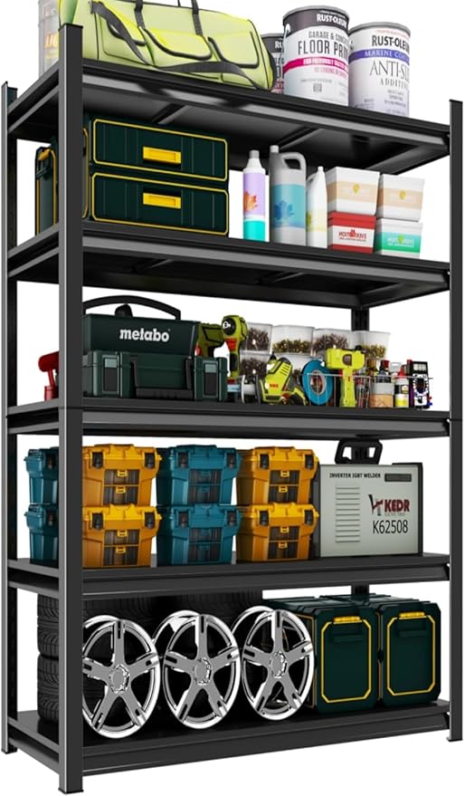 Adjustable 5-Tier Garage Shelving, Heavy Duty Steel Storage Rack, High Load Capacity, Ideal for Garage, Warehouse, or Home Organization (5-Tier 72" H x40 W x 18" D)