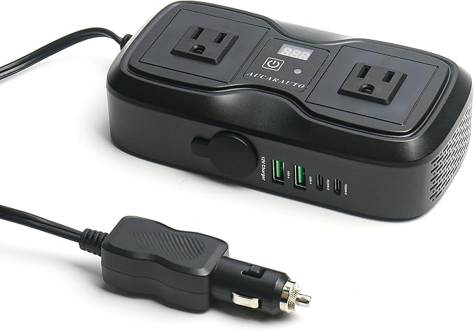 7 in 1 Car Power Inverter, 200W DC 12V to 110V AC Car Inverter with LED Voltmeter, 4-Port PD/QC3.0 Charge, 2 Car Outlets and Cigarette Lighter Adapter USB C Car Charger for All Car Devices