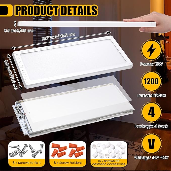 4 Pack RV Ceiling Lights Interior 16.7"x 6.6" 156 LEDs 1200 Lm RV LED Lights Interior 12v with 5 Levels of Dimming and 3 Color Temperature for Trailer Boat Car Camper