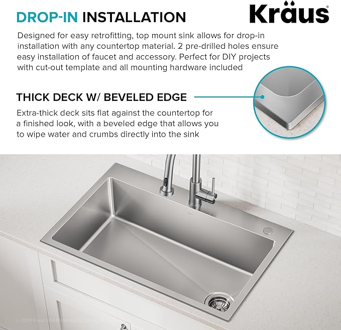 KRAUS Fairlane 25-inch Drop In/Top Mount Single Bowl 18-Gauge Stainless Steel Kitchen Sink, KHT641-25