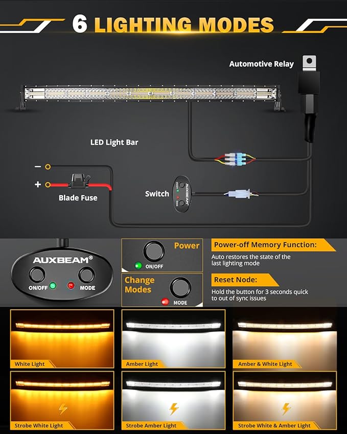 Auxbeam 42 Inch Curved LED Light Bar, 240W 6 Modes Amber White Strobe Fog Lights, Yellow Spot Flood Memory Reset Function Offroad Driving Work Ditch Light for Truck Car ATV