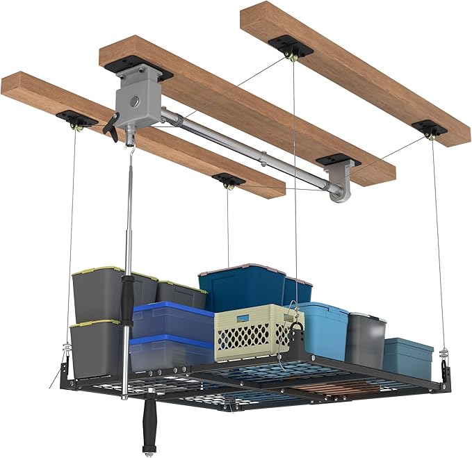 Overhead Garage Storage Rack,4x4FT Ceiling Storage Racks Lift,Adjustable Organization System,Workshops or Basements(Black)