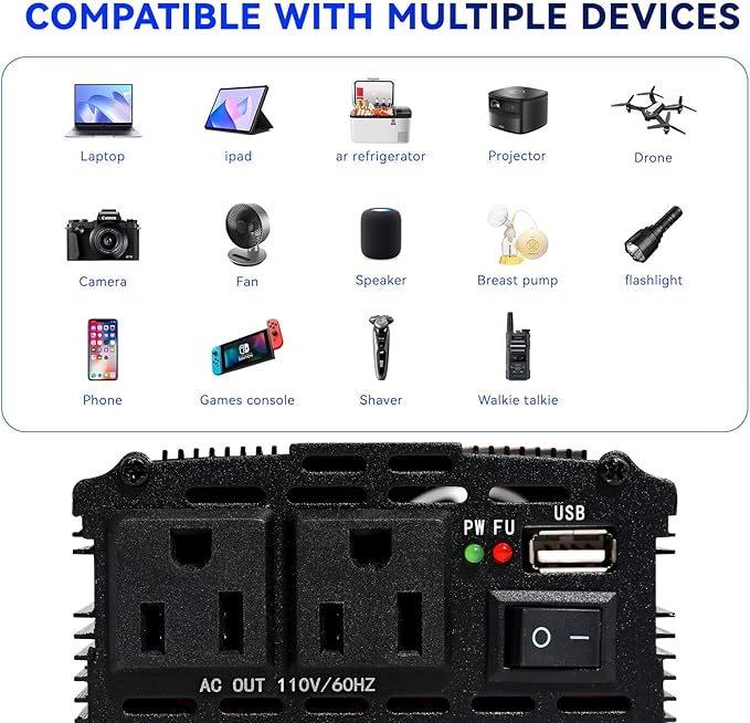 Power Inverter 2000W Car Power Inverters,12 Volt Inverter for Vehicles, 12V DC to 110V AC Car Plug Adapter Outlet Converter for Laptop Vehicles Camping Road Trip Essentials Adults