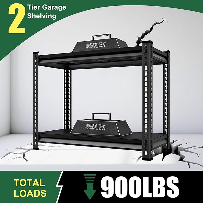 Garage Shelving Heavy Duty 880LBS Loads, 40" W Adjustable Garage Storage Shelves, 2-Tier Metal Shelving Units and Storage, Industrial Utility Shelf, 40" Wx16 Dx36 H,Black