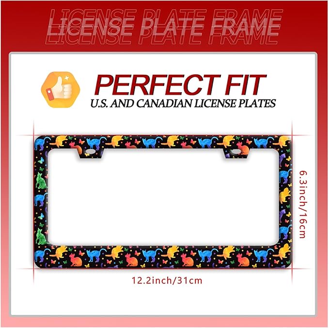 Colorful Cat License Plate Frame Cute Pet Butterfly License Plate Holder Funny Stainless Steel Accessories Cars Decor with 2 Holes and Screws Fits Standard Us Ca Vehicles 12.2 X 6 Inch