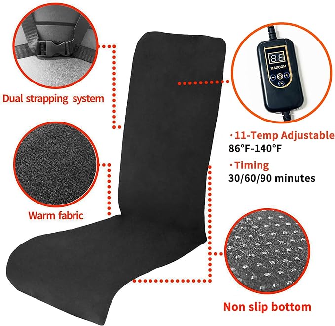 Foldable & Washable Fabric Heated Seat Cushion with Temperature Control & Timer - Whole Back Heating - for Office/Home Use