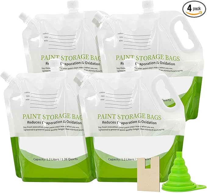 4 Pcs Paint Storage Pack Bags, 1.2L Reusable Paint Saver Bags with Funnel for Leftover Water Based Paint, Airtight Pouches for Easy Mixing & Dispensing for Home DIY Professional Painters