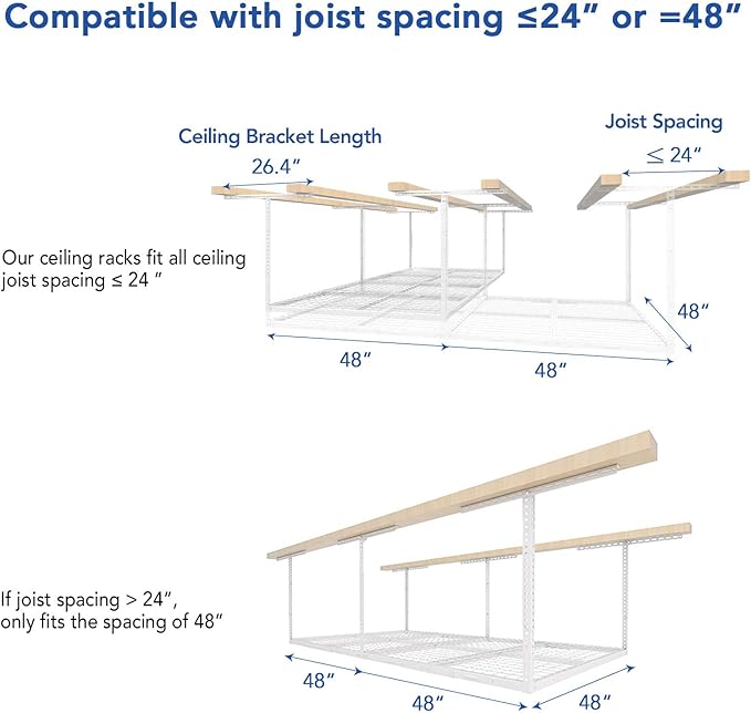FLEXIMOUNTS 4x8 Overhead Garage Storage Rack w/Hooks Adjustable Ceiling Storage Racks, 96" Length x 48" Width x 40" Height, 22''-40" Ceiling Dropdown, White