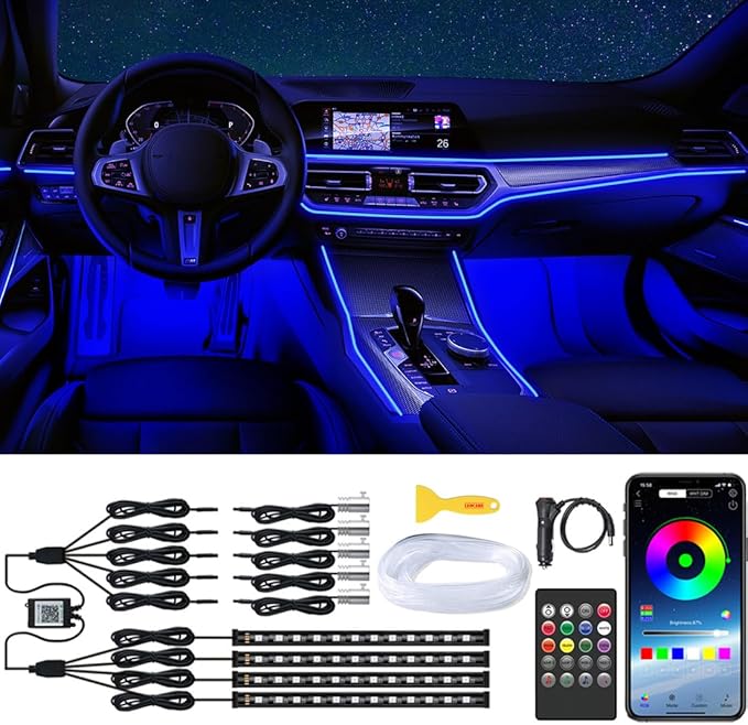 Interior Car Lights with Wireless APP & Remote Control, 9 in 1 RGB Car Ambient Lighting Kit with 4 Under Dash Lights & 5 Fiber Optic LED Strips, Sync to Music Inside Car Accessories