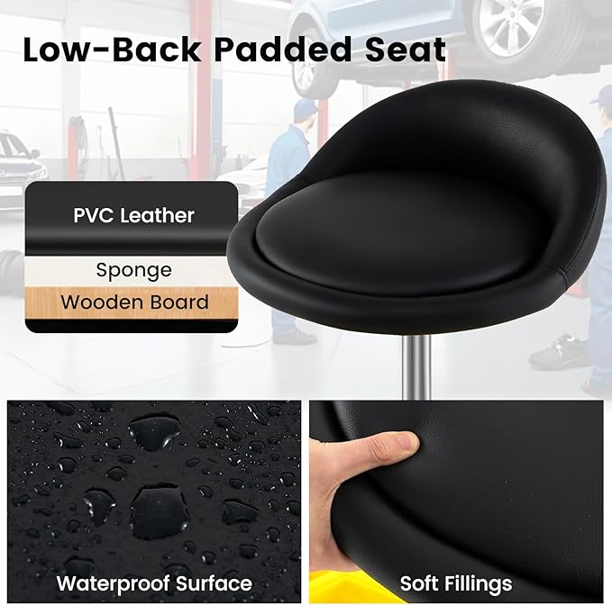 Goplus Rolling Garage Stool, 20”-25” Height Adjustable Mechanic Stool w/Magnetic Tool Tray, 2.5" Thick Padded Seat, Universal Lockable Wheels, Pneumatic Creeper Seat for Repair Shop, 350LBS Capacity