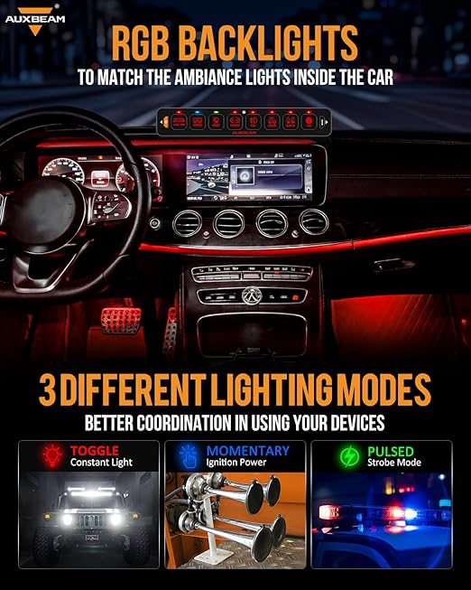 Auxbeam 8 Gang Slim Switch Panel Bluetooth RGB AS-800 with APP&Remote Control Toggle Momentary Pulsed 80A Switch Pod Off Backlight for 12-24V Truck Offroad UTV ATV Car Marine, 2 Years Warranty