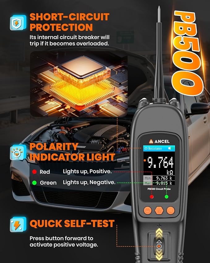 ANCEL PB500 Automotive Power Circuit Probe Tester Kit, 12/24V Car Electrical Short/Open Breaker Finder, AC/DC Diode Resistance Frequency Injector Relay Tester, Duty Cycle,Digital Multimeter/Ohmmeters