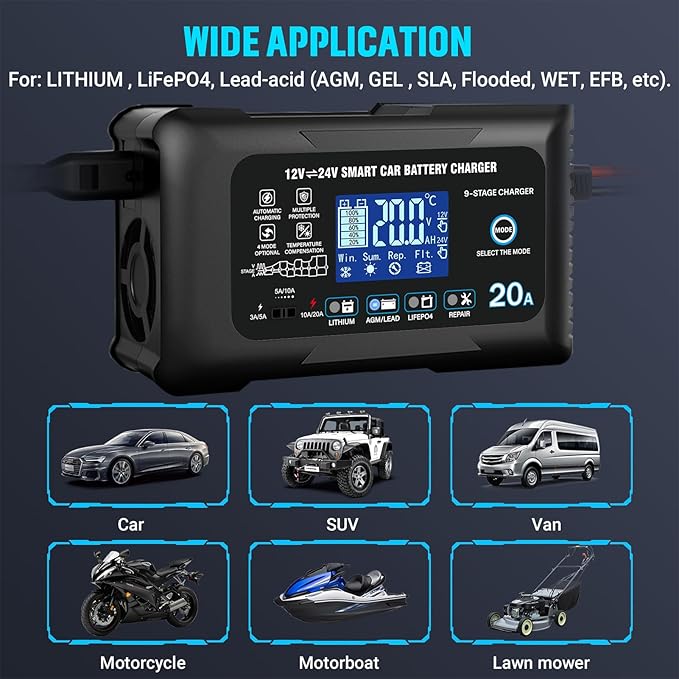 Battery Charger 0-20A 12V/24V Lithium LiFePO4 Lead Acid Fully Automatic Maintainer, Smart Car Battery Charger,Trickle Charger w/Pulse Repair for Trucks,Boats,Motorcycles,Deep Cycle Batteries ﻿