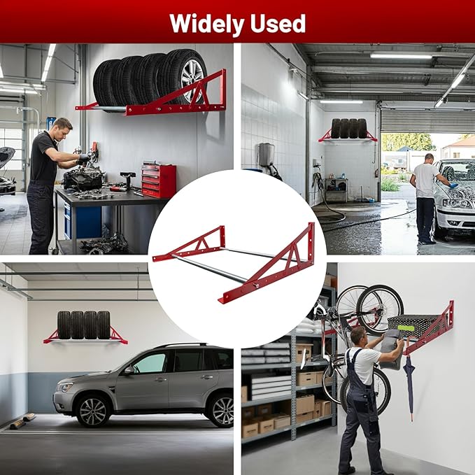 ROBLOCK Adjustable Tire Rack Wall Mount for Garage, Wheel Spare Tire Carriers with Heavy Duty Steel, Adjustable Length(31"-56"), Red