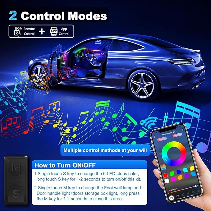 Dreamcolor Acrylic Interior Car LED Strip Light with Wireless APP, RGB 18 in 1 with 175 inches 600 LEDs Fiber Optic Car Ambient Lighting Kits, Dual Zone Sound Active Function LED Strip for Car