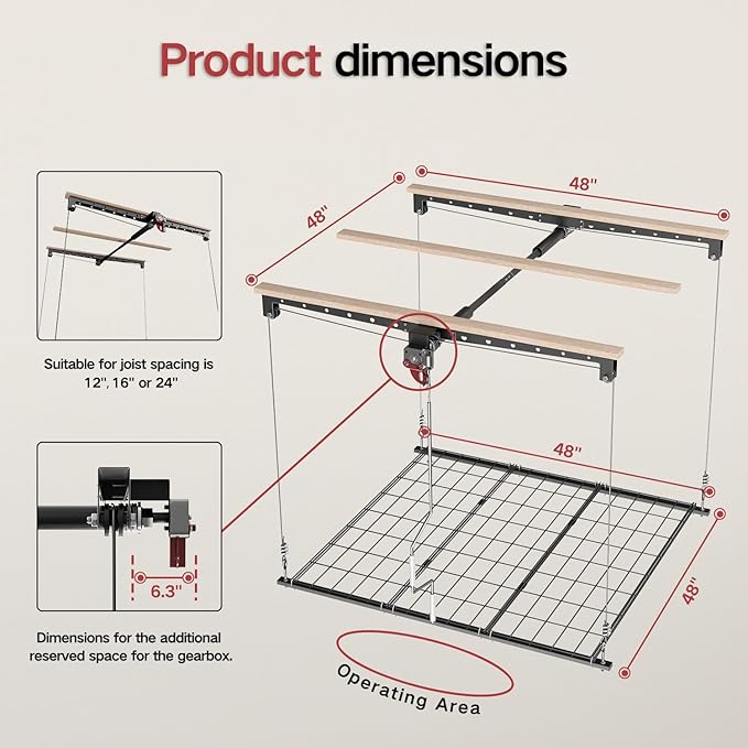 Overhead Garage Storage Lift, Adjustable Heavy-duty 4x4 Ft Ceiling Racks with Safety Lock, Ideal for Storage Lifting Organization System, 250lbs Capacity (Standard Edition)