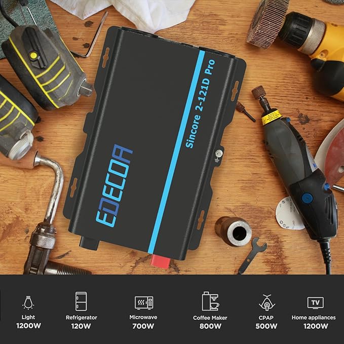 EDECOA Pure Sine Wave Inverter 1200W 12V DC to 110V AC Power Inverter with USB Port and Type-C Port 2 AC Outlets Remote Control LED Display for RV Car Boat Household