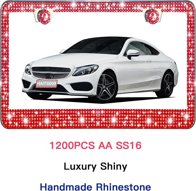 2 Pack License Plate Frames for Women, Sparkly Rhinestone Diamond Car Accessories with Glitter Crystal Caps (Red(2PCS))