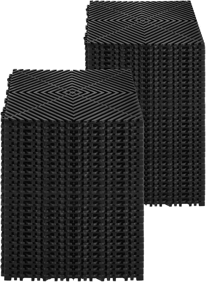 VEVOR Interlocking Drainage Mat, 12” x 12” Modular Interlocking Cushion, 24 Pcs Splicing Drainage Mats, Non-Slip Black PP Drainage Floor Tile and Shower Mat, for Garage, Garden, Kitchen & Outdoor