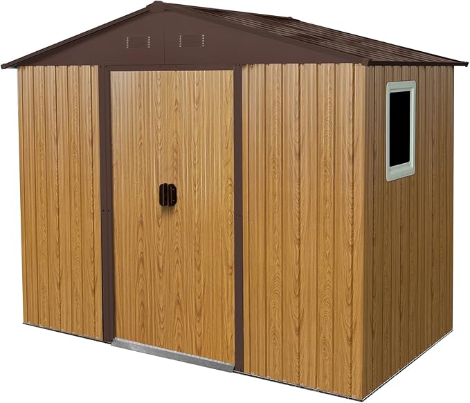 4x8 FT Outdoor Storage Shed, Metal Garden Shed with Frame Floor, Outside Tool Shed with Window, Waterproof Storage Building with Lockable Sliding Doors & Sloped Roof for Backyard, Patio, Coffee