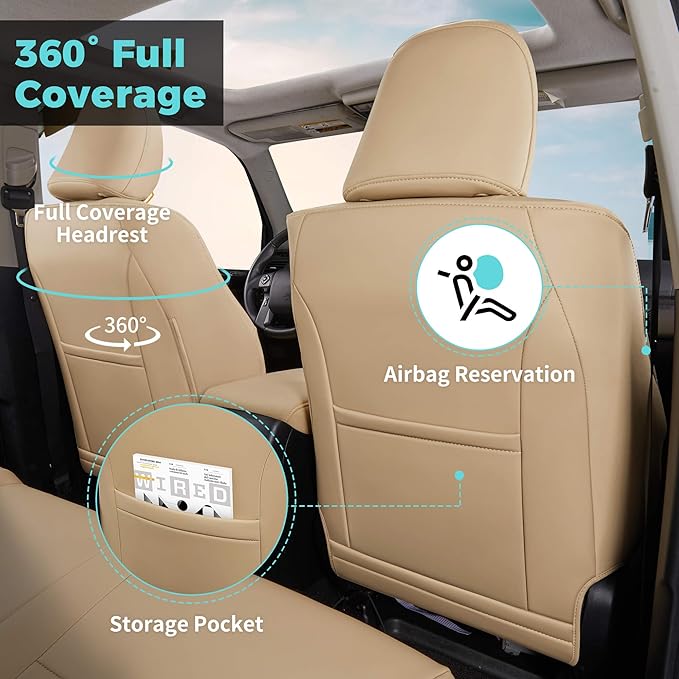Seat Covers for Toyota 4Runner 2011-2024, Faux Leather Car Seat Cover Full Set, 3-Row-Only for 7 Seats Version-Beige
