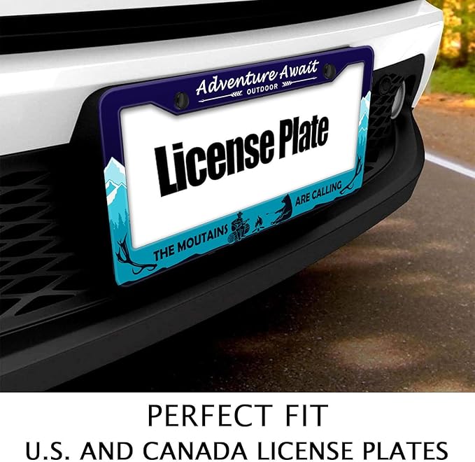 Adventure Await License Plate Frame, Mountains Forest Bear Outdoor License Plate Holder Cover, Metal Aluminum Rustproof Car Accessories for Men Women, Great Gift for Hiking Camping Enthusiasts