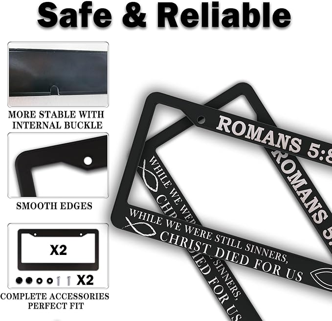 License Plate Frames Black and White License Plate Frame Jesus Bible Verses Romans 5:8 Aluminum Metal Car Accessory 2 Pack with Screw Covers Set