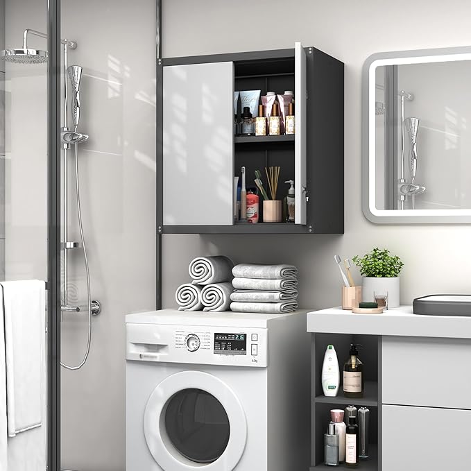 GREATMEET Metal Wall Cabinet, Wall Mounted Garage Cabinet, Locking Metal Storage Cabinet with Doors for Home Office, Garage, Utility Room