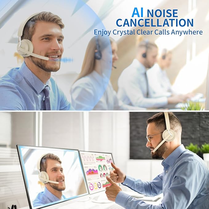 Wireless Headset with Mic, 2.4GHz Bluetooth Headset with AI Noise Cancelling Microphone & Charging Base, Wireless Headphones with USB Dongle for PC (Apricot, L)
