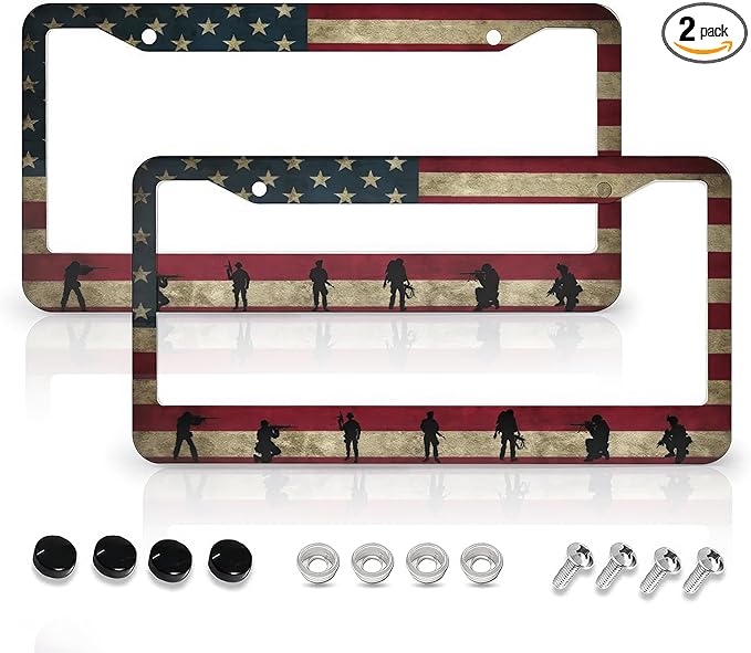 American Flag License Plate Frames - 2 Pcs Set 2 Holes Metal Aluminum Auto Car Accessories Decoration License Plate Frame 12.2 x 6.3 inch for Women Men Gift