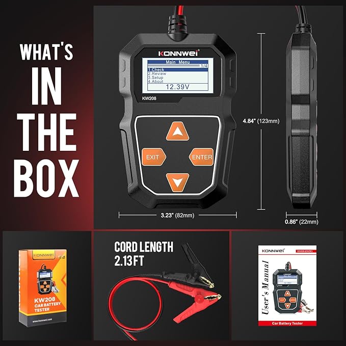 KONNWEI KW208 12V Car Battery Tester, 100-2000 CCA Load Tester Automotive Alternator Tester Digital Auto Battery Analyzer Charging Cranking System Tester for Truck Marine Motorcycle SUV Boat