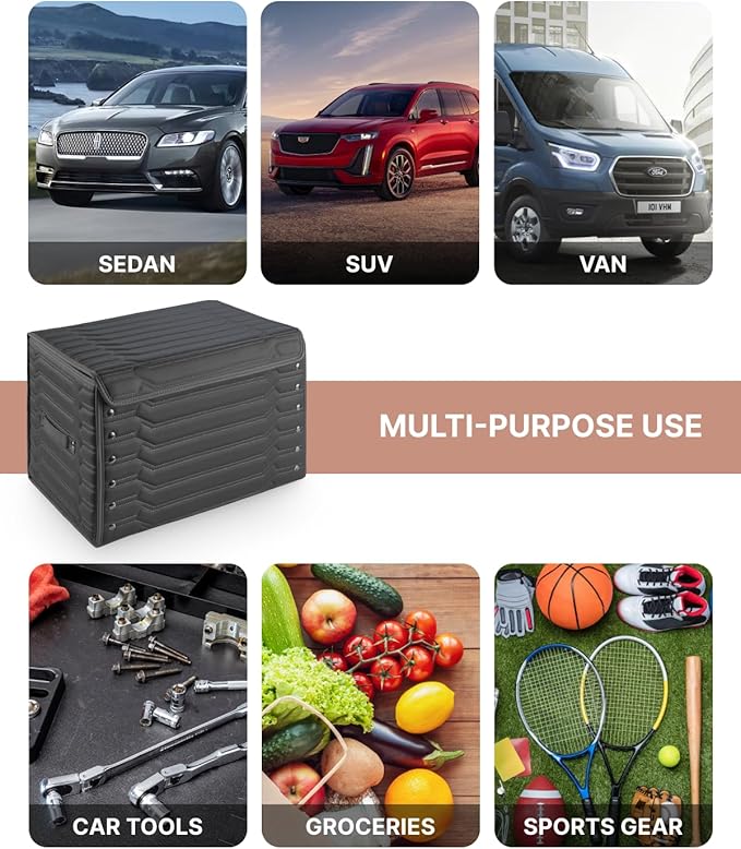 Trunk Storage 17.7" Collapsible Crate For Groceries, Tools & Travel Gear - Eco-Leather Car Organizer With Magnetic Lid - Practical Birthday Gift For Men (Highway 17)