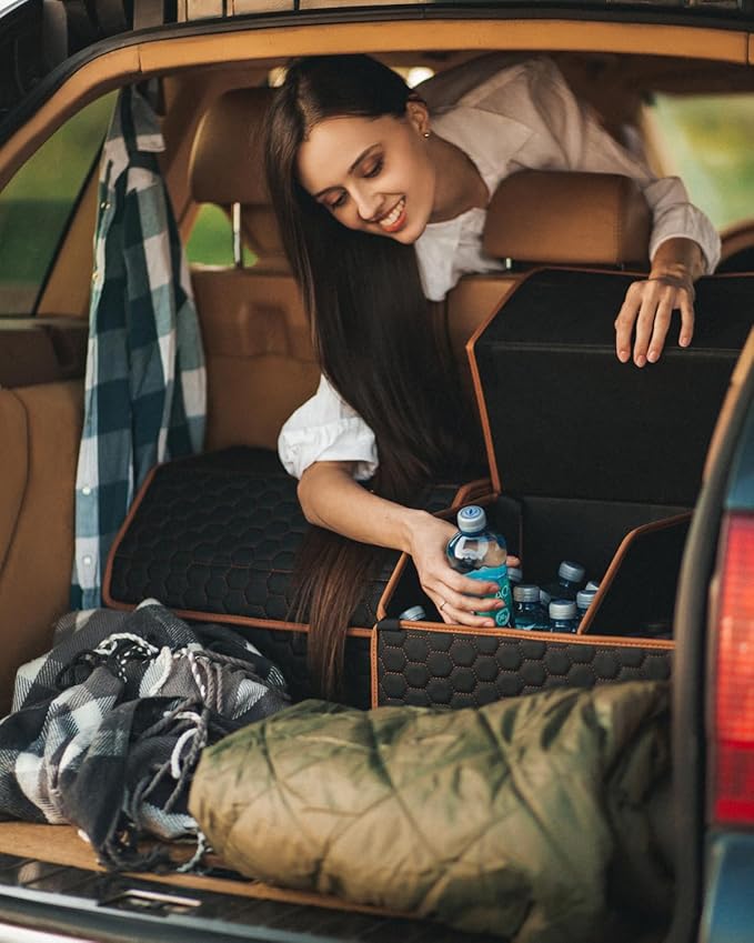 Car Organizers Set SUV Sedan Truck – Foldable Storage Boxes for Auto Accessories, Road Trips, Travel Essentials, Vehicle Organization, Great Gift for Men & Women Drivers – Hexy 17+21 Inch