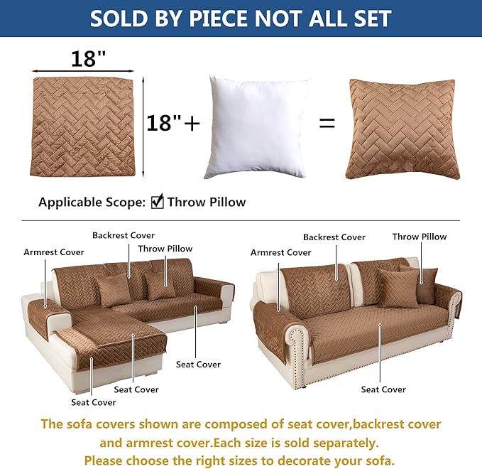 Eismodra Throw Pillows,Couch Cover,Sofa Cover,Sectional Couch Covers for 3 Cushion Couch,Sofa Slipcovers for Dogs Cats Pet Loveseat Recliner Leather L Shaped,Brown 18 x 18 Inches (Only 1 Piece)