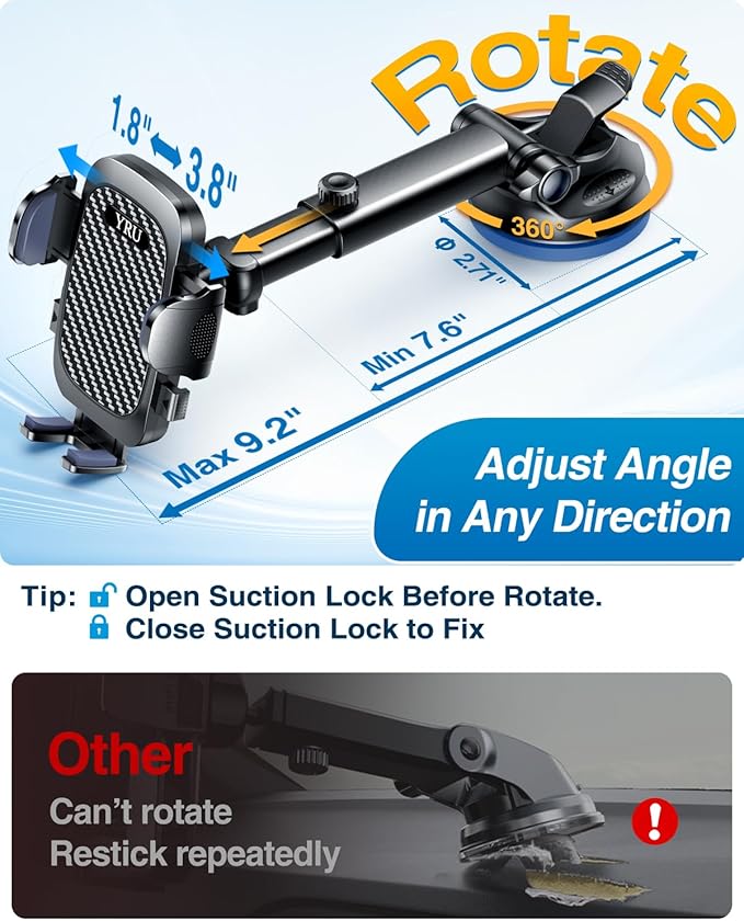 [True Military-Grade & 360 Degrees Rotatable Suction] 2025 YRU Ultimate Car Phone Holder Mount 【90+LBS Safest Strongest & Patent Certs】Dashboard Windshield Vent for iPhone 16 15 Pro Max Samsung, Black