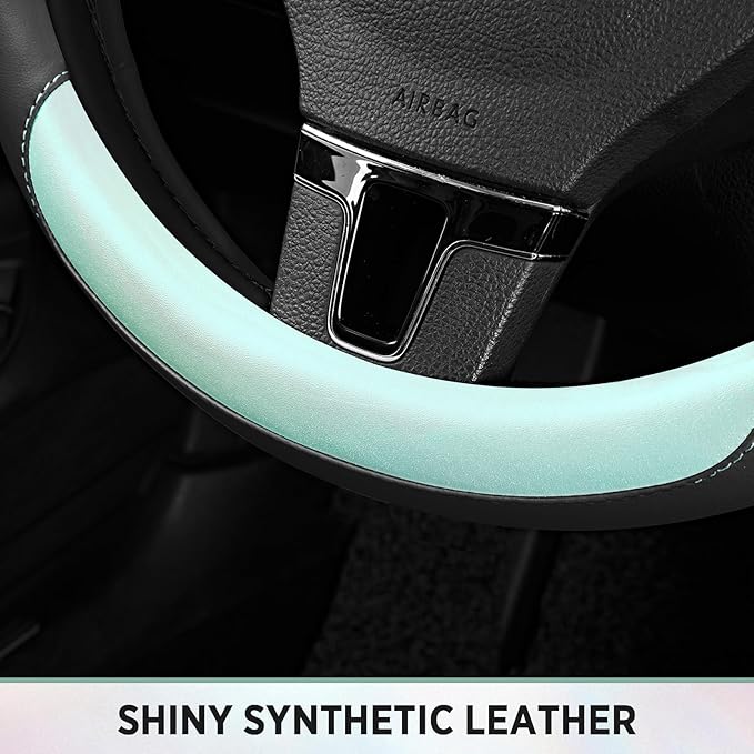 Road Comforts Steering Wheel Cover – Breathable Leather Steering Wheel Cover, Anti-Slip Grip, Universal Fit 14.5” to 15”, Heat & Cold Resistant for Cars, SUVs, and Trucks – Black & Light Blue
