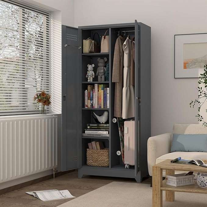 GREATMEET 72.8" H Metal Storage Cabinets with Doors and Shelves, Grey Broom Closet Storage Cabinet, Broom and Mop Utility Cabinet for Home,Kitchen,Garage