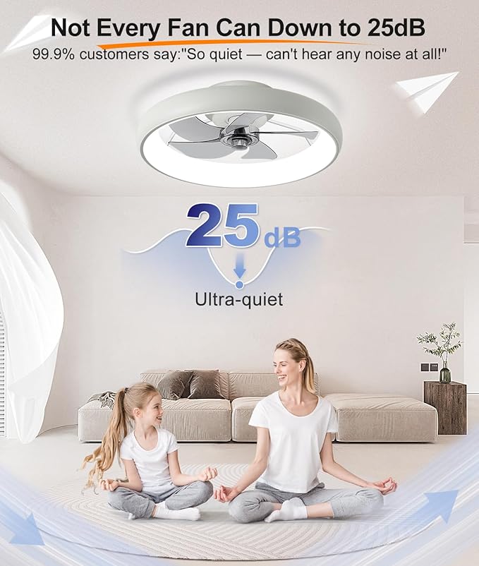 Ultra Low Profile Ceiling Fans with Lights and Remote Ultra Quiet 25 dB, 21" Modern Flush Mount Ceiling Fan LED Ceiling Fan Fandelier Ceiling Milky White