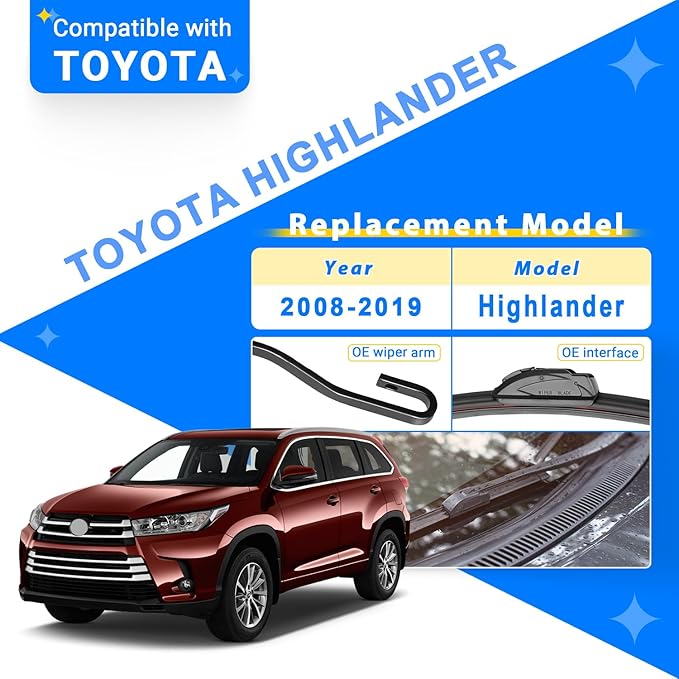 Windshield Wiper Blades Replacement for Toyota Highlander 2008-2019 Original Factory Quality Front Rear Wipers Blade Set for My Car - 26" 20" 12" (Pack of 3)