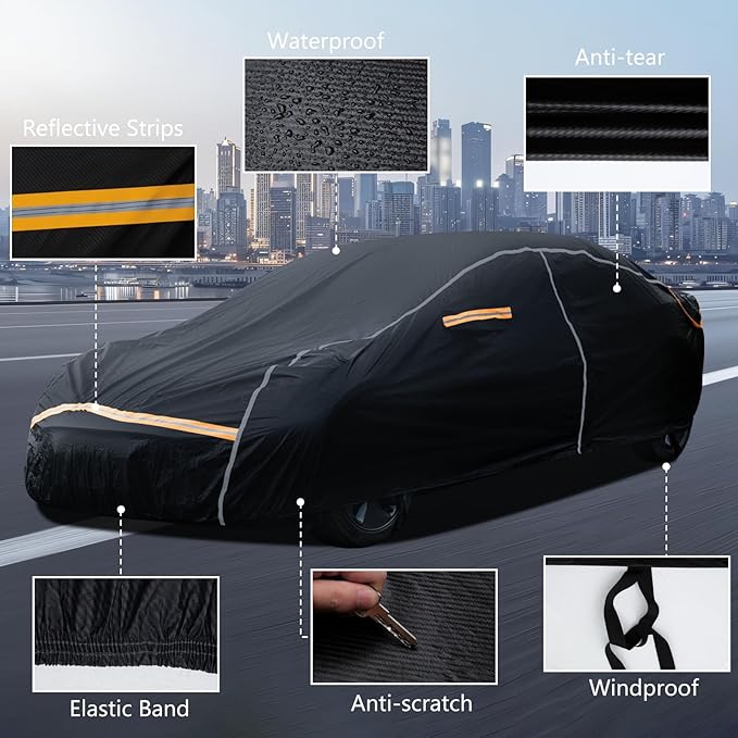 Car Cover Waterproof All Weather,6 Layers Car Covers for Automobiles, Full Exterior Cover with Zipper, Outdoor Car Cover Sun UV Rain Snow Wind Protection, Fit for 185"(185*70*59 inch)Sedan