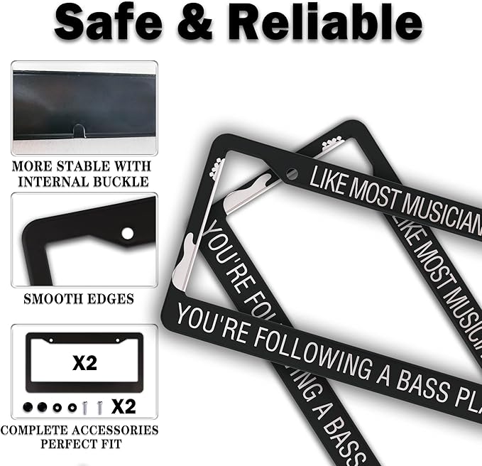 License Plate Frame Holder Black and White License Plate Frames Like Most Musicians Following Bass Player Aluminum Metal Car Accessory 2 Pack with Screw Covers Set
