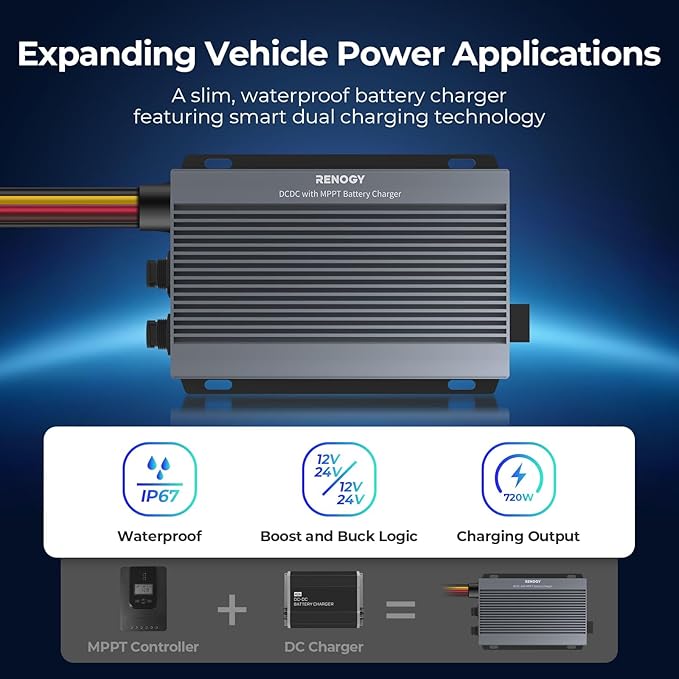 RENOGY 12V/24V 50A DC-DC Charger with MPPT - IP67 Waterproof Solar & Alternator Charger 720W Boost Buck Voltage Battery Chargers for RV, Marine, Lithium/AGM/Gel Batteries