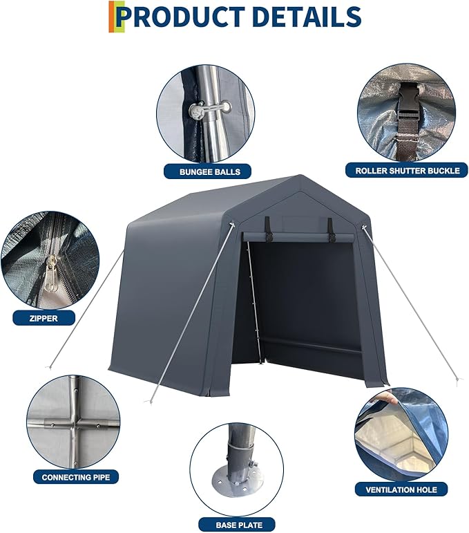 6x6 Ft Carport Heavy Duty Tent with Roll-Up Windows, Portable Garage with Removable Sidewalls & Doors, Car Canopy All-Season Tarp for Car Boat Truck Motorcycle, Grey