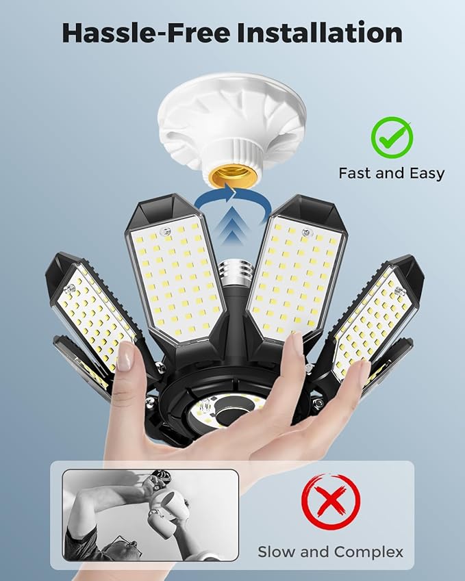Adiding LED Garage Ceiling Lights 14000Lm w/ 8 Adjustable Panels, Super Bright Deformable Basement Light Bulb Fixture Screw in E26 Bulbs Socket for Indoor Shop, Workshop, Attic, Barn, Bay, Home Gym