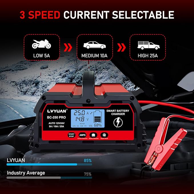 LVYUAN 25Amp Smart Car Battery Charger, 12V/24V Automotive Charger, Lead-Acid Battery, LiFePO4 Battery Maintainer with LCD Display, Trickle Charger, for Lawn Mower, Motorcycle, AGM, STD, Gel, EFB,etc