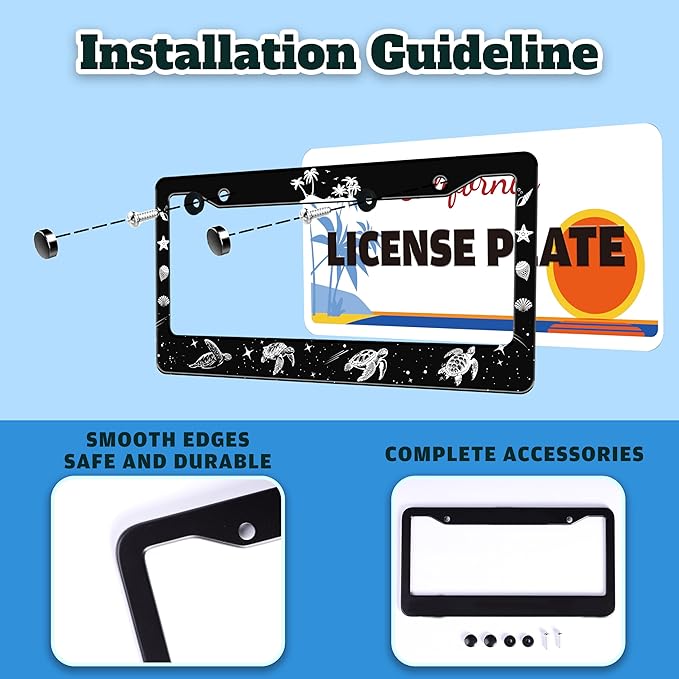 Turtle License Plate Frame Beach Shell Animal License Plate Holder for Front or Rear Car Tags Stainless Steel Funny Car Decoration with Screws 6.3 X 12.2 in