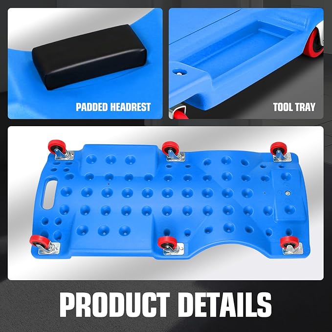 DNA MOTORING 36" L X 17" W x 4.25" H Vehicle Repair Low Profile Automotive Creeper w/Padded Headrest, Blue, TOOLS-00201-BL