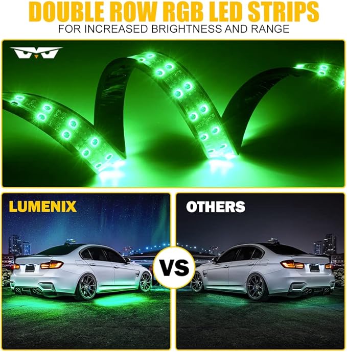 LUMENIX Double Row RGB LED Car Underglow Lights Kit, 4PCS Exterior Neon Accent Bluetooth Under Glow Light Strip for Cars SUVs Trucks Van, w/Dynamic Music & DIY Mode Underbody Chase Lights