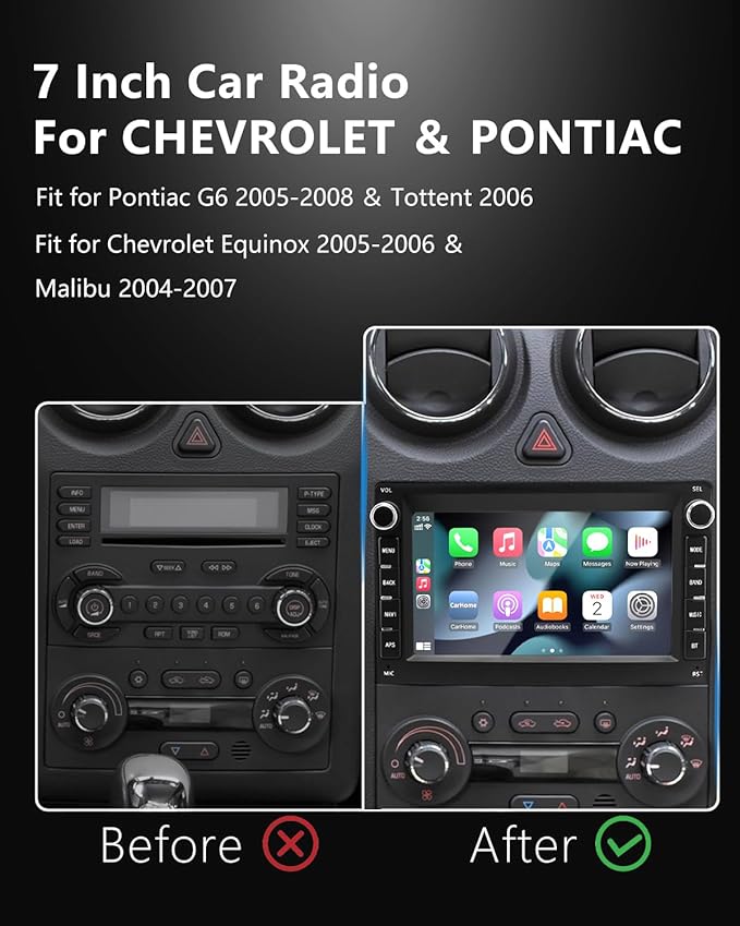 [2+64G] Car Radio for Pontica G6 (2005-2008)/ Torrent 2006, Chevy Equinox (2005-2006)/ Malibu, 2 Din Car Srereo with Wireless Carplay/Android Auto, Steering Wheel Controls/AHD Camera/FM/App Store