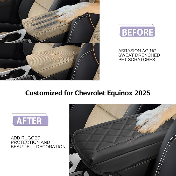LUWU Center Console Cover Compatible with 2025 Chevrolet Equinox Accessories 2025 Equinox Armrest Cover Center Console Pad 2025 Equinox LT, ACTIV, RS Armrest Console Cover Soft Leather (Black B)